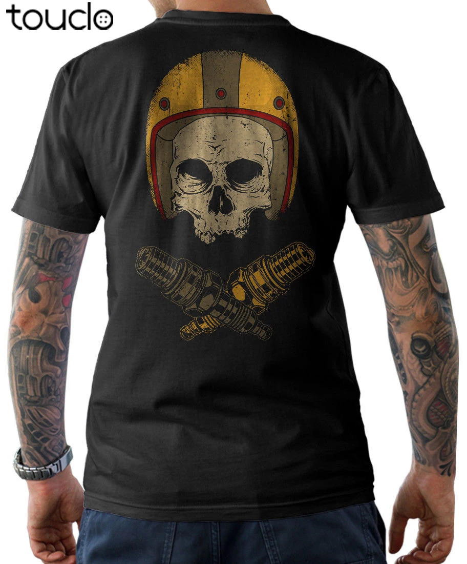 Biker T-Shirt Oldschool Skull Helmet Motorcycle Screwdriver Cafe Racer Motorrad Double Side Summer Fashion Men Casual T Shirts