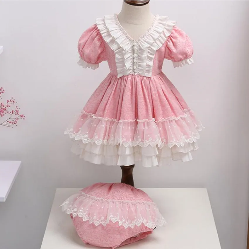 

Baby girl summer vintage Spansih lolita princess dress kids v-neck mesh stitching puff sleeve birthday party ball gown dress