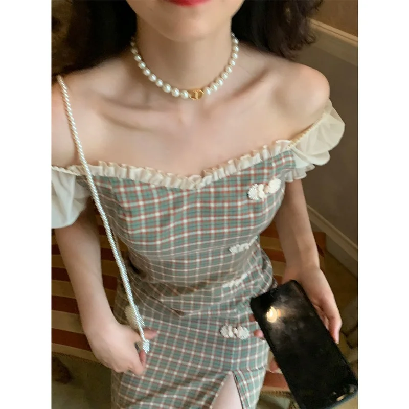 Elegant Puff Sleeve Plaid Dress Summer Women Cheongsam Style Slim Straight Cottagecore Dress Short Sleeve Square Collar Clothing