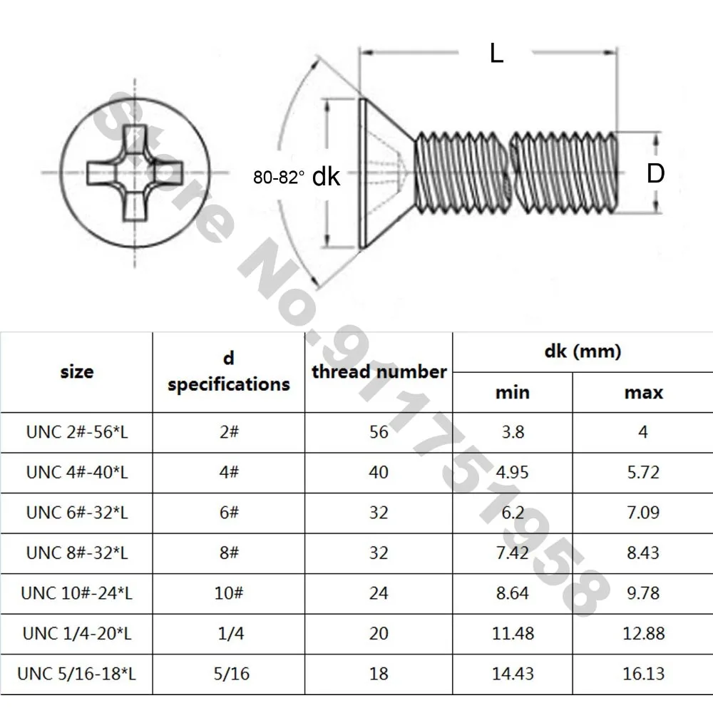 10pcs 1/4-20 UNC US Coarse Thread 304 A2-70 Stainless Steel Cross Recess Phillips Flat Countersunk Head Screw Bolt L=3/8