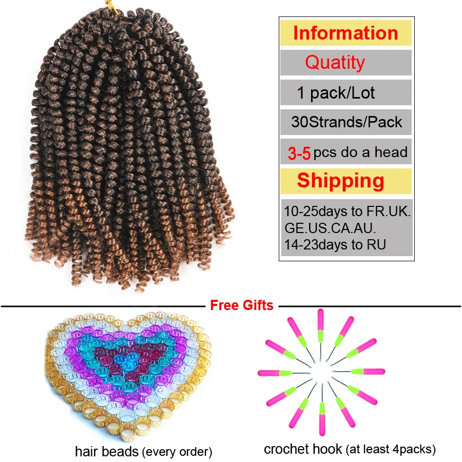 TOMO-Ombre Spring Twist Hair, Tranças Sintéticas de Crochet, Passion Twist, 8 ", Pré-Twist, 30Roots, Bomb Twist