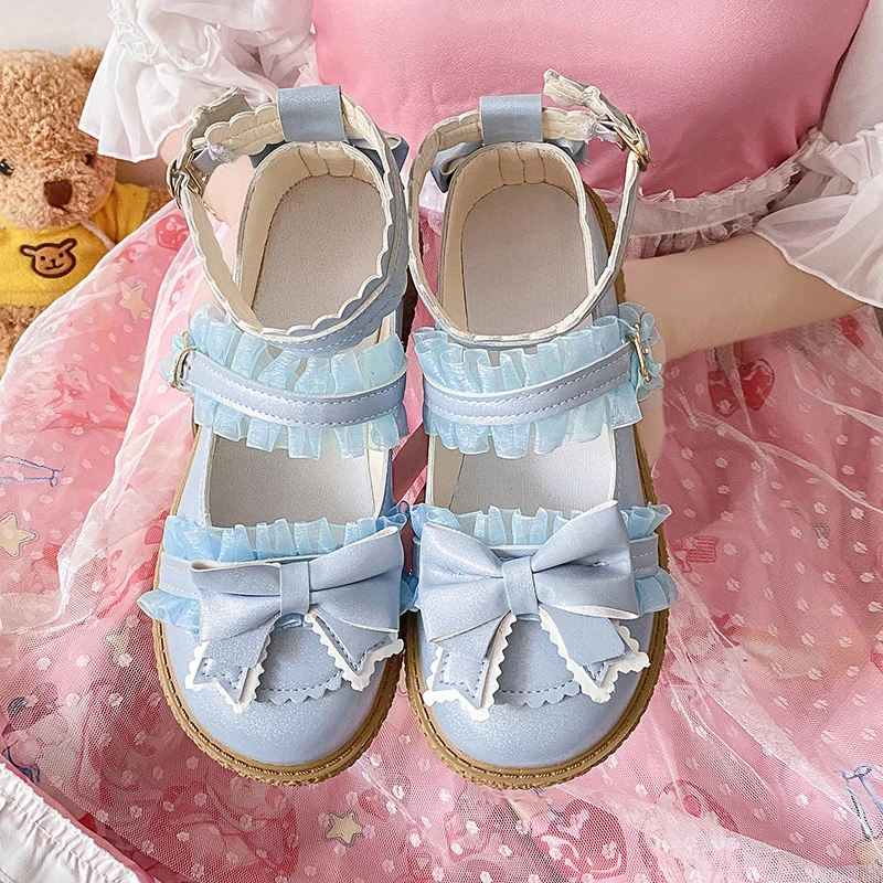 Lolita girl Mary Jane shoes bow lace lace Japanese sweet banquet wedding party high heels 3CM cosplay pink women's shoes