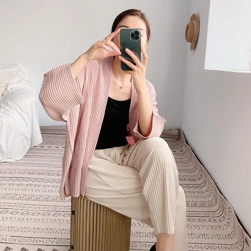 

miyake pleated cardigan women's jacket three-quarter sleeves 2021 autumn new knitted lace-up waist basic short casual coat