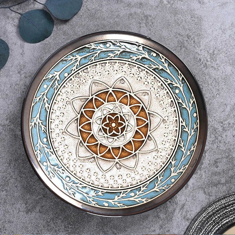 

European-Style Kiln Underglaze Color Hand-Painted Ceramic Tableware Plate Creative Full Set of Tableware Plate Durable Rice Bowl