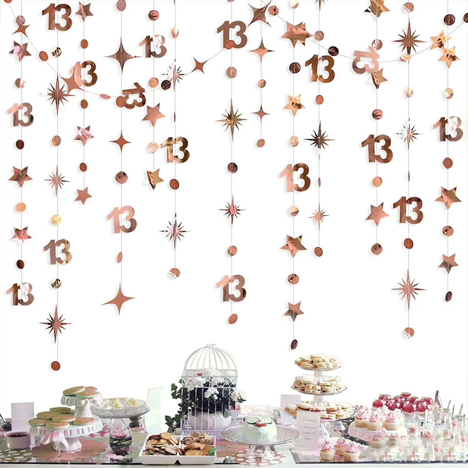 

13Ft Rose Gold Girls 13th Birthday Decorations Number 13 Circle Dots Twinkle Star Garlands Backdrop for 13 Year Old Party Decor