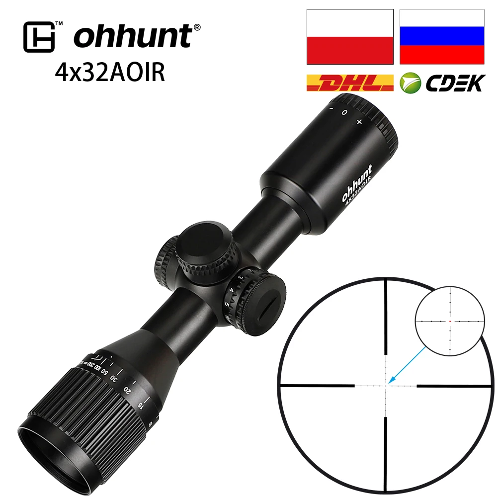 ohhunt 4x32 AO Hunting Optical Sight Scope Mini Mil-Dot Double Color Illuminated Glass Etched Reticle