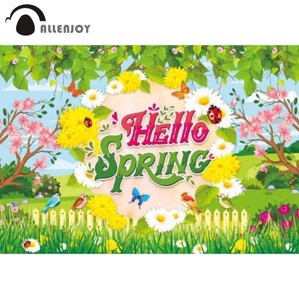 

Allenjoy Hello Spring Backdrop Baby Shower Easter Birthday Party Grassland Wedding Supplies Decor Banner Photobooth Background