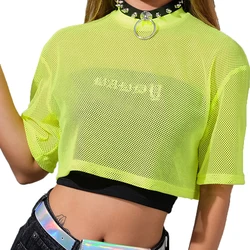 Hirigin Fashion Women Sheer Mesh Crop Tops Neon Green See-Through Short Sleeve Casual T Shirt Punk Gothic Sexy Party Club Clothe