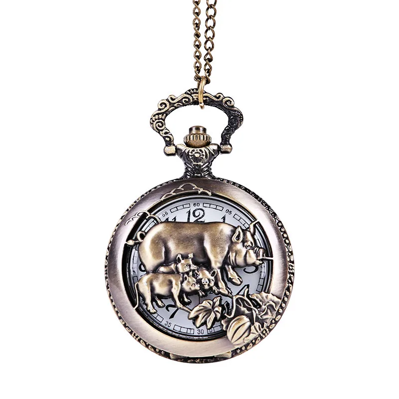 

Bronze vintage exquisite embossed hollow classic pocket watch Large embossed three pig classic style pocket watch