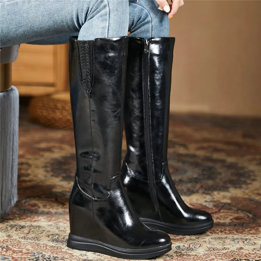 

2025 Winter Warm Shoes Women Genuine Leather Wedges High Heel Knee High Snow Boots Female Thigh High Platform Pumps Casual Shoes