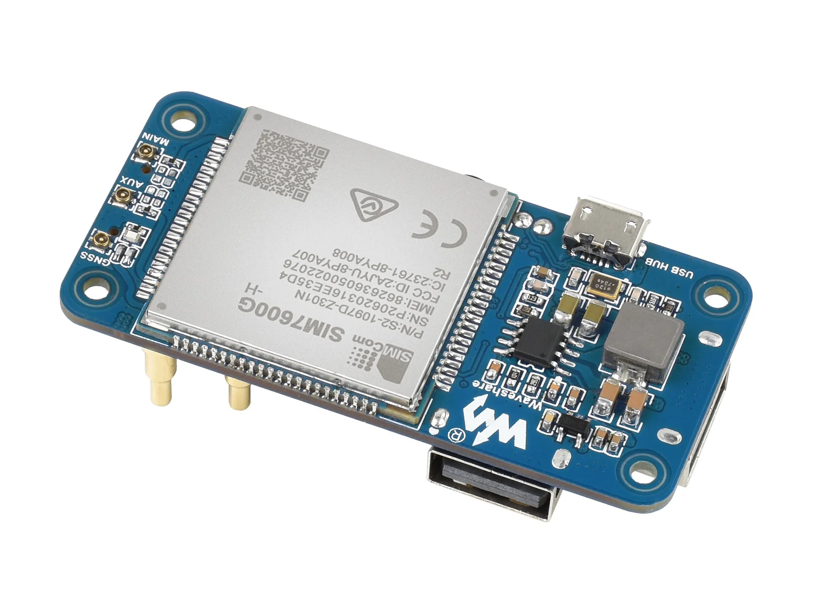 SIM7600G-H 4G HAT (B),Raspberry Pi 4G expansion board Type B,Global multi-band,With GNSS positioning,Compatible with 4G/3G/2G