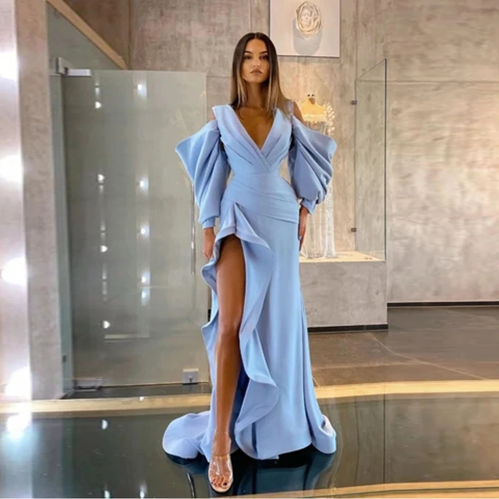 Vestido de baile de sereia sensual, mangas compridas com fenda lateral, decote em v profundo, vestidos formais de cetim macio, vestido de noite, 2021