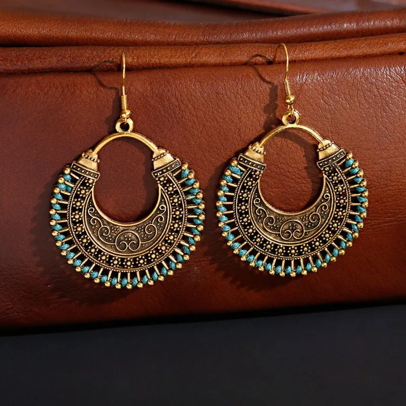 2021 Retro Women's Round Gold Color Earrings Turkish Jewelry Bijoux Vintage Handmade Green Silk Turkey Boho Earrings