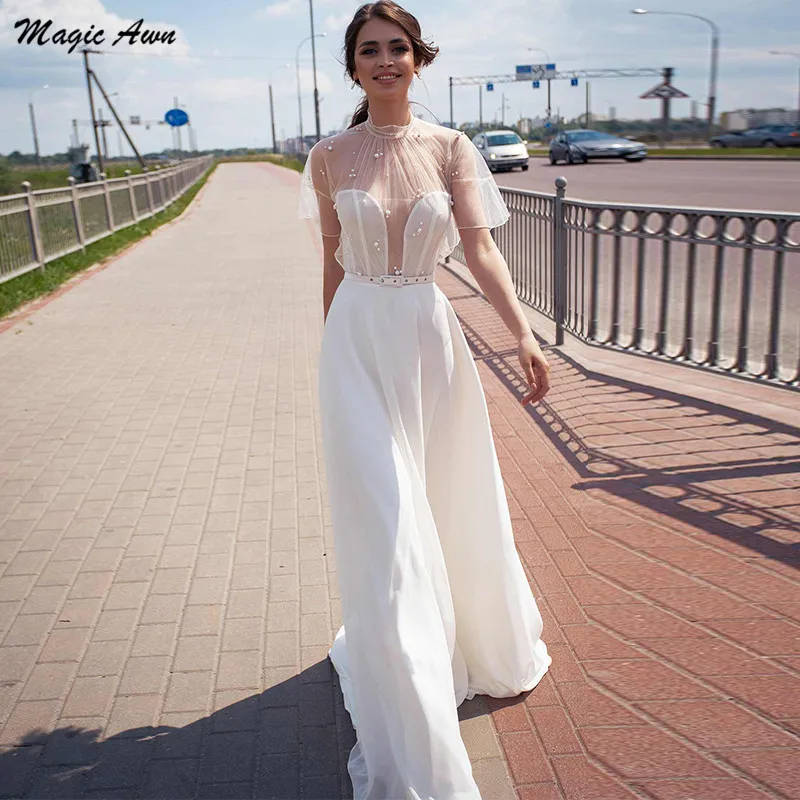 

Magic Awn Chic Chiffon Boho Wedding Dresses Illusion Pearls Beaded High Neck Beach Bridal Gowns A-Line Princess Vestidos Boda