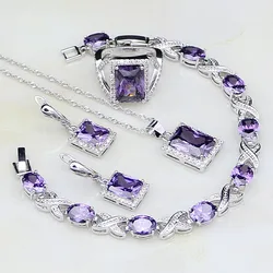 Square Purple Crystal White Zircon 925 Sterling Silver Jewelry Sets For Women Wedding Earrings/Pendant/Necklace/Bracelet/Ring