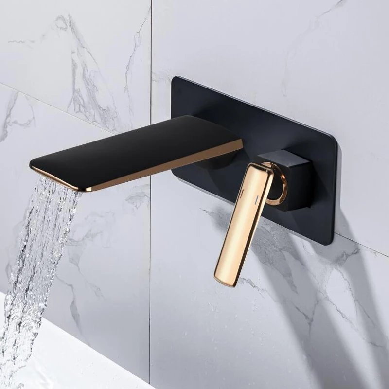 

Luxury Matte Black Bathroom Faucet Basin Sink Tap Wall Mounted Square Brass Mixer Tap rose gold basin faucet RG09