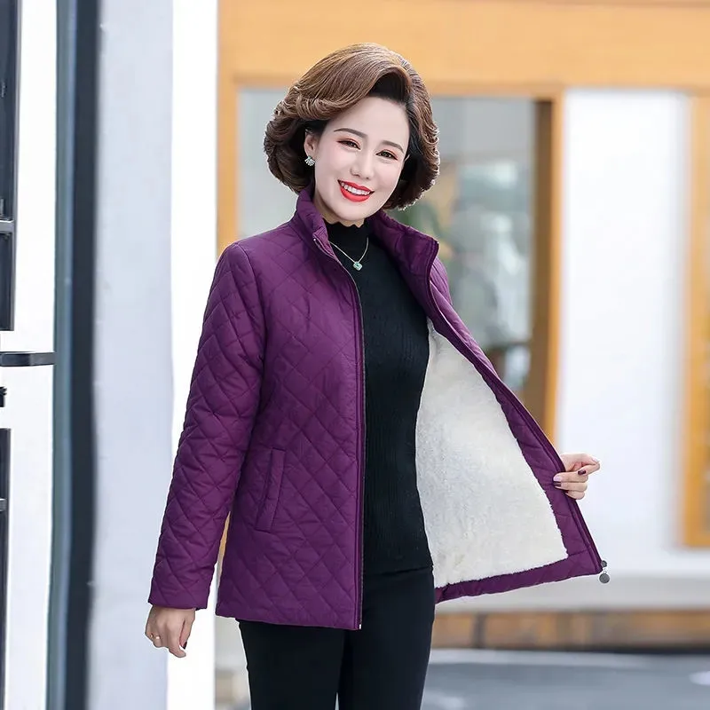 Autumn Winter Jacket Women 2022 New Solid Plus Velvet Cotton Padded Coat  Thin Short Jacket Middle-aged Female Tops