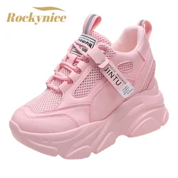 Merk 2022 Lente Ademend Mesh Sneakers Verborgen Toenemende Sport Schoenen Vrouw Wig Casual Chunky Schoenen Hoge Platform Schoenen 9Cm