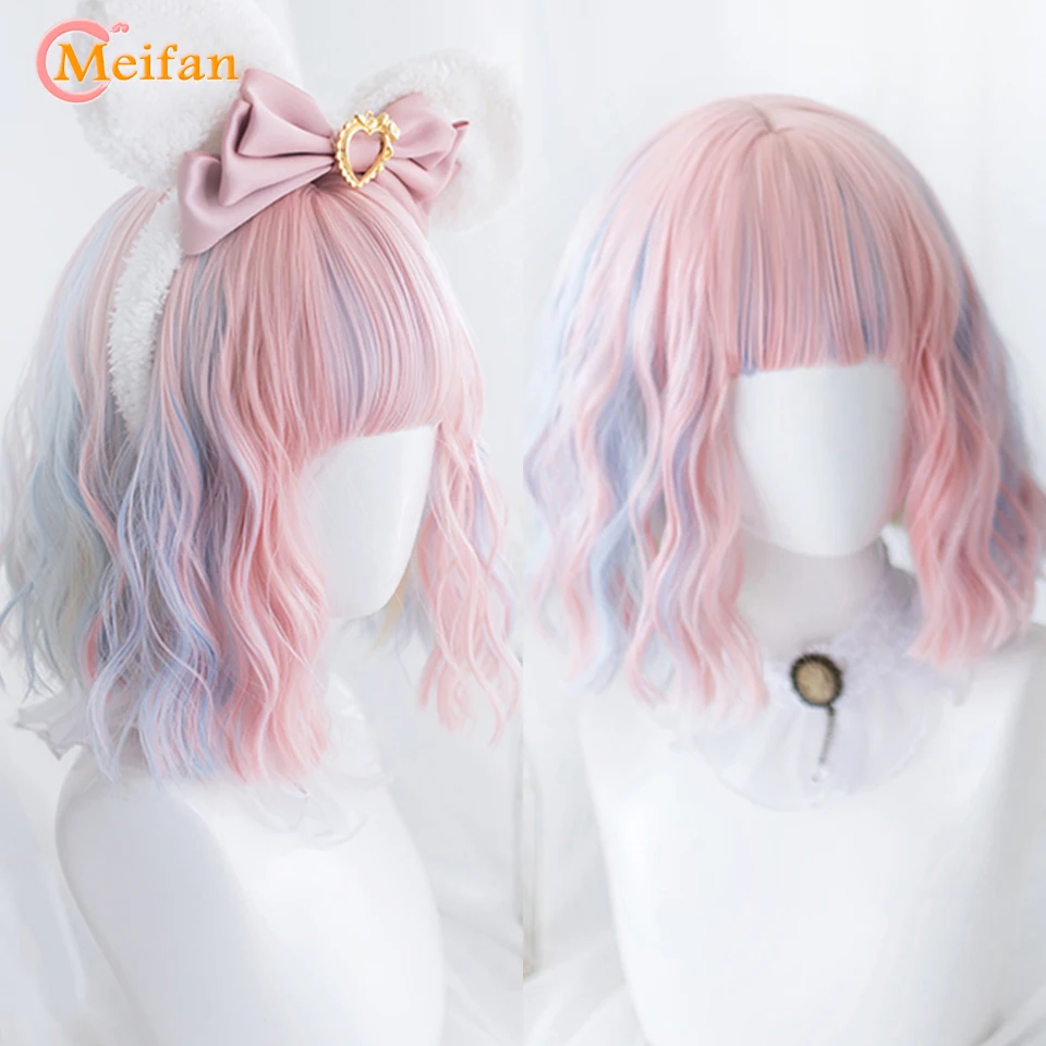 MEIFAN Synthetic Short Lolita Cosplay Christmas Halloween Bob Wave Curly Wig Harajuku Female Wig with Air Bang Natural Fake Hair