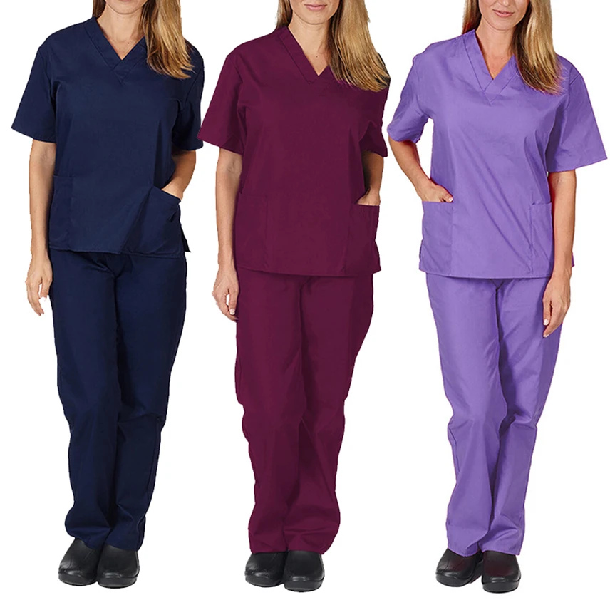 Trajes de fregado Unisex, uniforme de Color sólido para enfermera, traje médico para salón de belleza, médico, Hospital, cuello en V, ropa de trabajo para peluquero de bolsillo