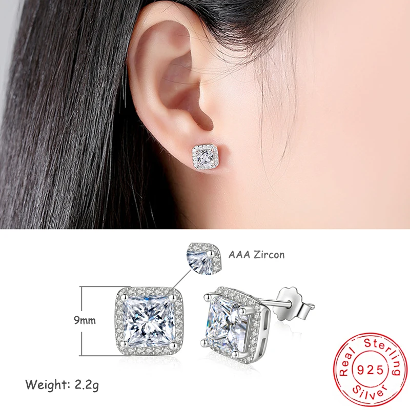 New Fashion Party Luxury Crystal Square Stud Earrings 925 Sterling Silver AAA Zircon Exquisite Ear Stud For Women Jewelry Gift