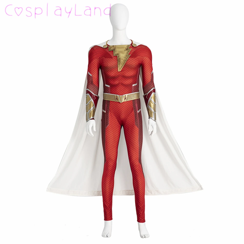 Kapitän Flash-shazam Kostüm Halloween Cosplay Superhero Fury der Götter William Overall Erwachsene Männer Rot Bodysuit Weiß Cape