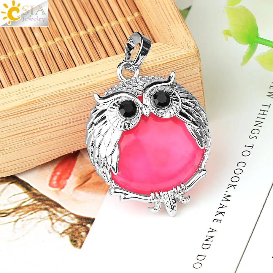 CSJA Natural Stone Cute Owl Animal Pendants for Necklaces White Crystal Pendant Pink Quartz Opal Lapis Lazuli Reiki Jewelry G802