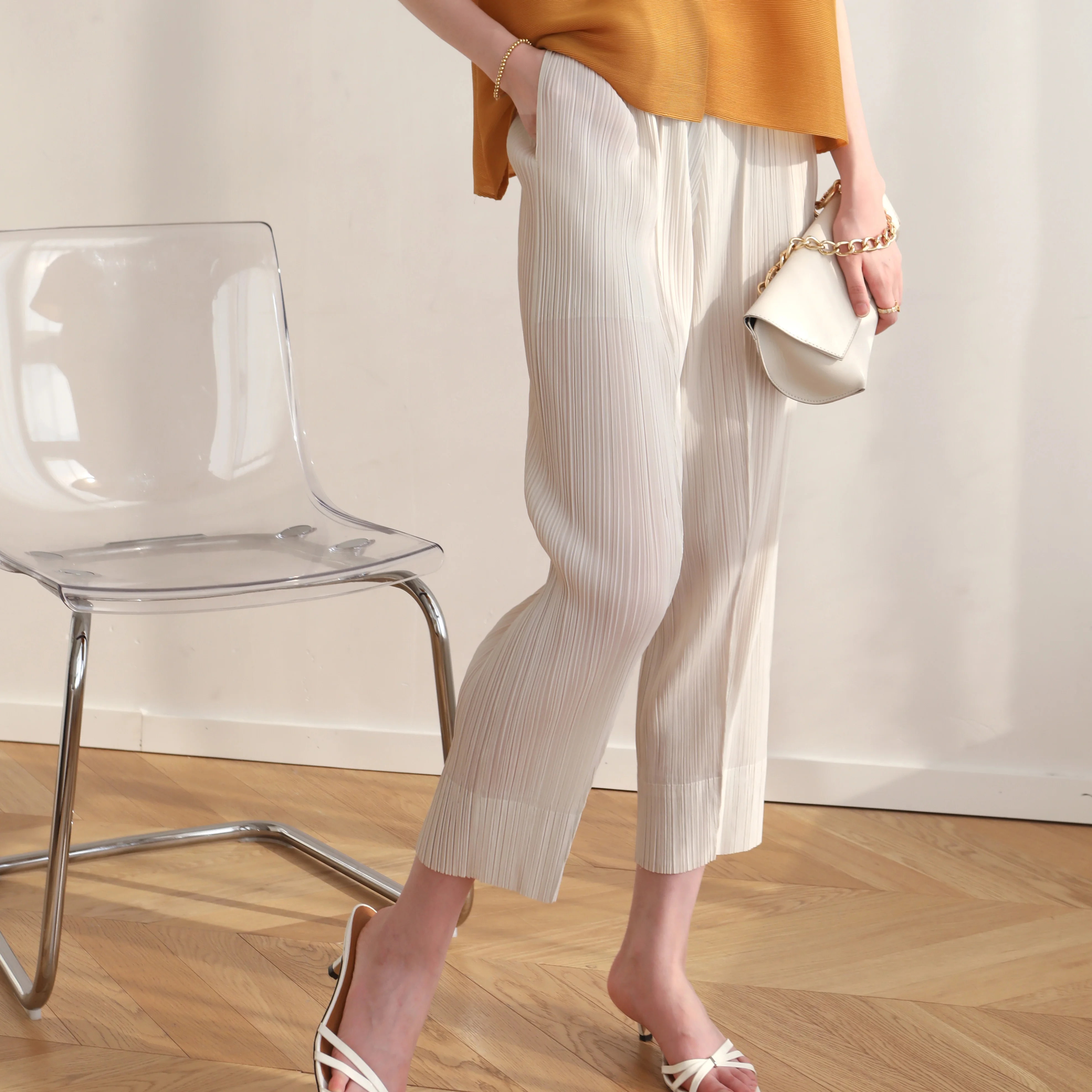 

Autumn spring and summer Miyake drape feel elastic waist versatile casual straight leg pants nine minutes