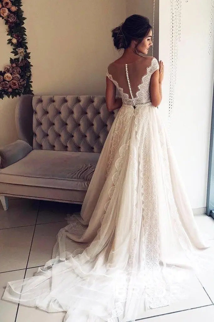 Robe de mariée style Boho, tenue de mariage élégante, avec mancherons, col en V, dos ouvert, jupe plissée, ligne A, 2020