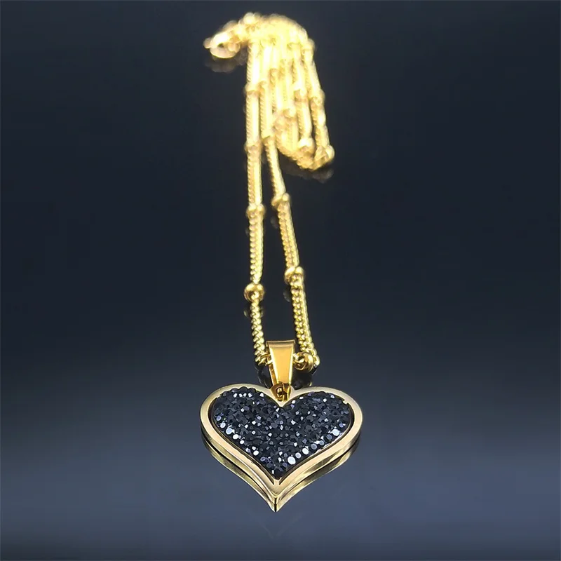 2023 Stainless Steel Black Crystal Heart Necklaces Charm Women Gold Color Small Pendants Necklaces Jewelry bijoux N8261S01