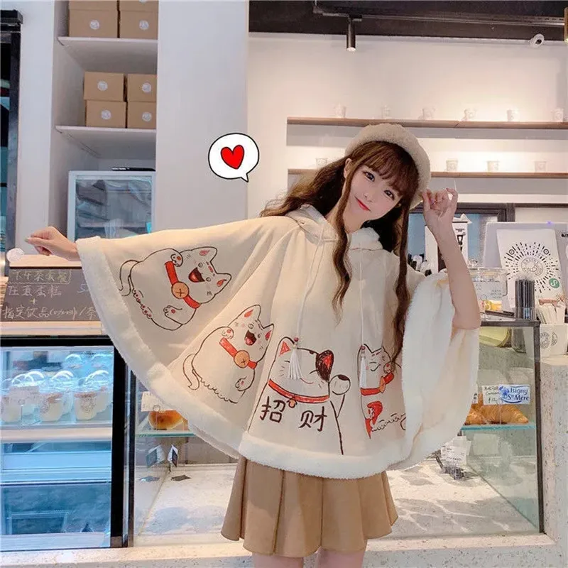 2021 Japanese style cloak autumn cute lucky cat ears plus velvet student jacket woman hooded warm shawl with bat shirt winter