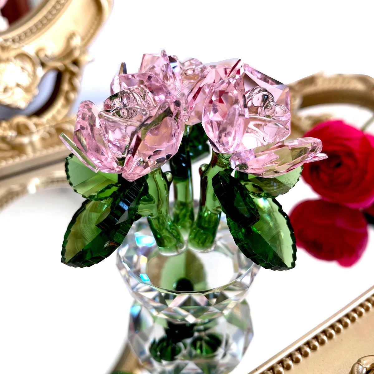 6 Colors Crystal Glass Rose Flower Figurines Unfading Bouquet Sculpture Home Car Ornament Decors Wedding  Valentine\'s Day Gift