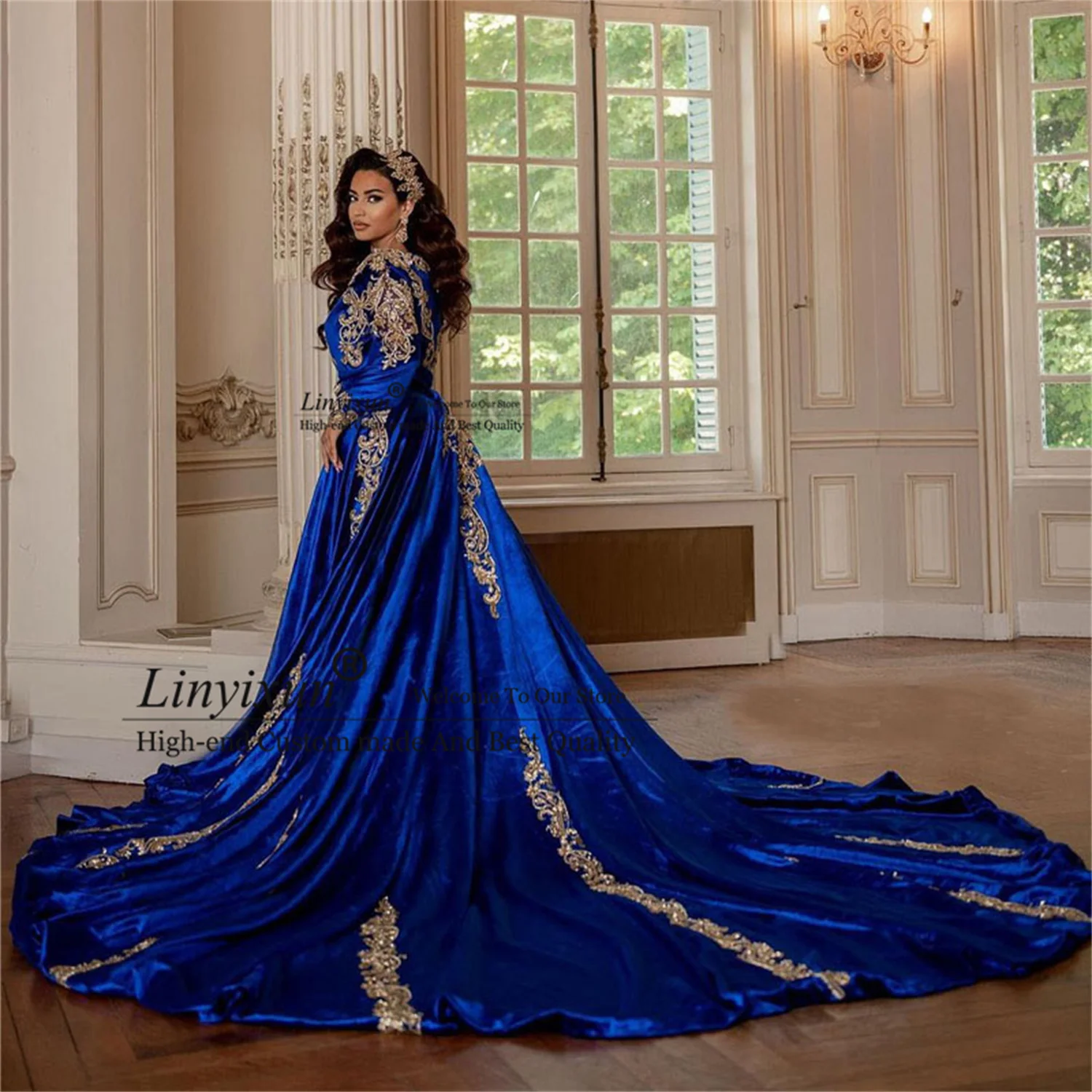 Arabic Royal Blue  Mermaid Prom Dresses With Gold Appliques Formal Evening Gowns with Detachable Train Side Split Party Dress