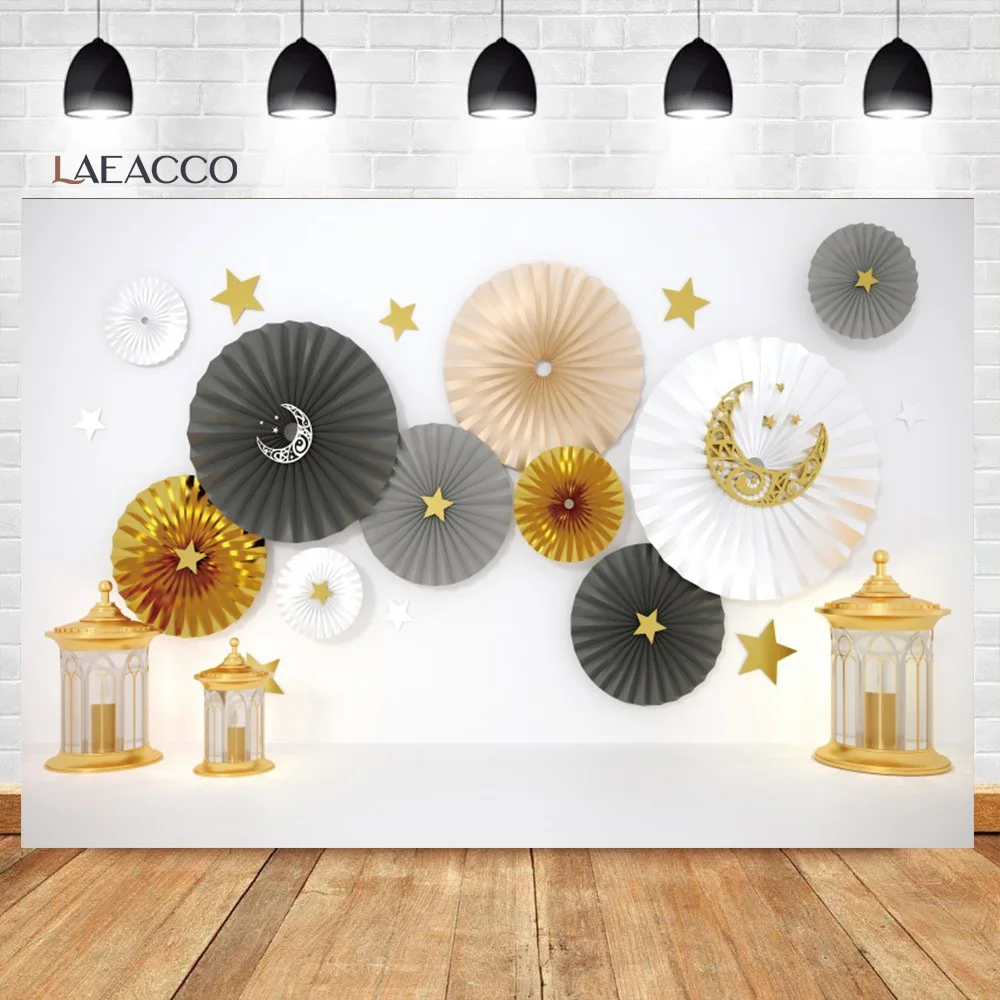 

Laeacco Eid Mubarak Photocall Paper Umbrella Moon Stars Lights Ramadan Kareem Party Decor Photography Backdrops Photo Background