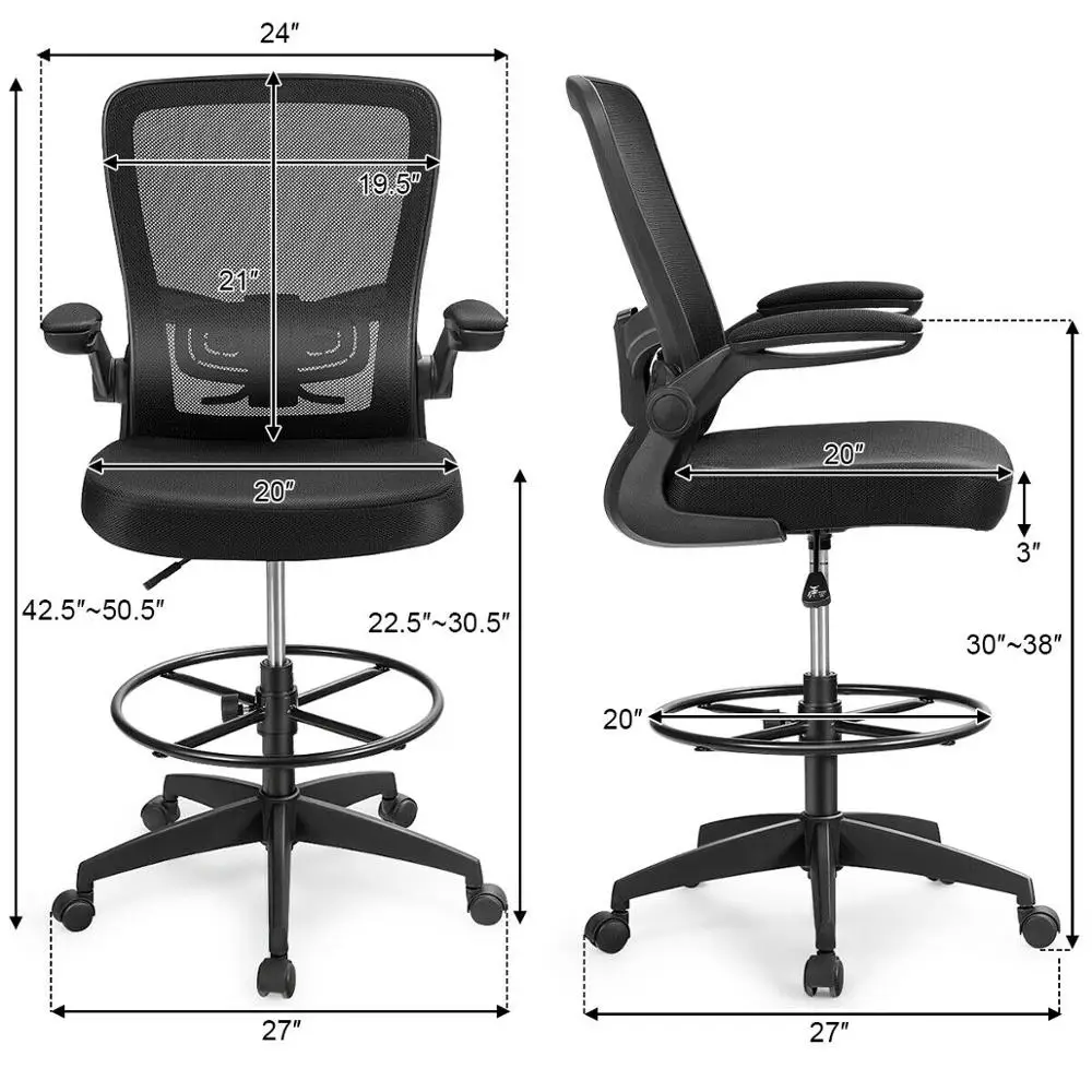 Drafting Chair Tall Office Chair Adjustable Height w/Lumbar Support Flip Up Arms