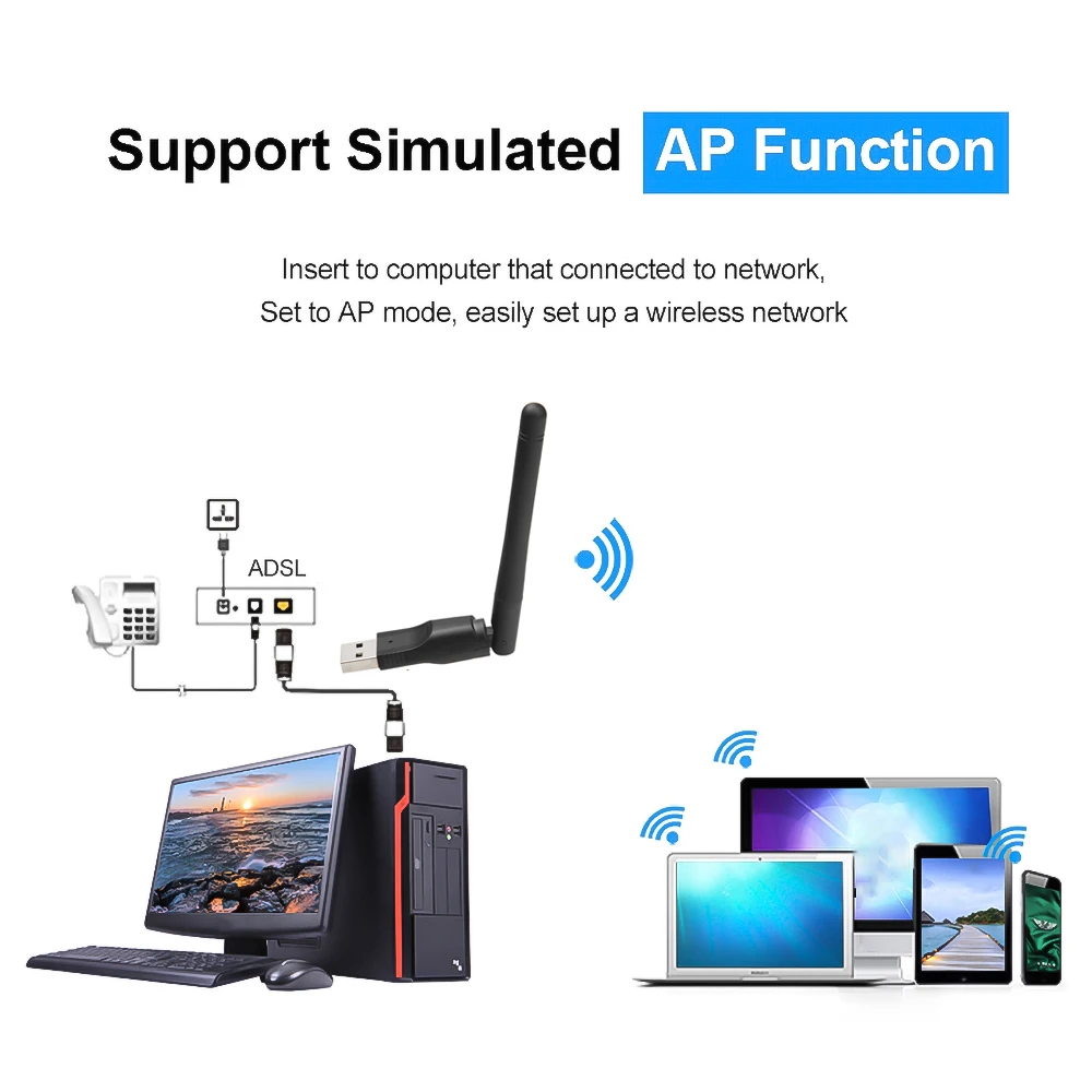 150Mbps USB 2.0 محول 2.4GHz واي فاي صغير بطاقة الشبكة اللاسلكية شرائح رالينك MT-7601 هوائي 2dB لأجهزة الكمبيوتر المحمول بالجملة