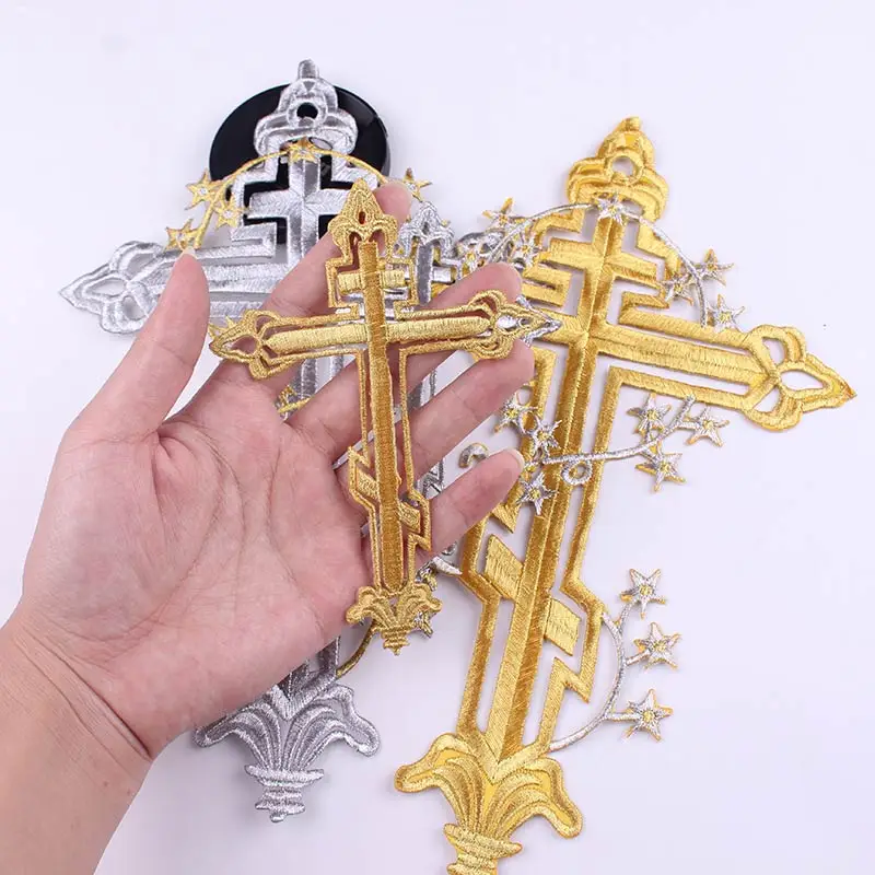 Gold Silver Cross Embroidery Patch Jesus Cross Iron On Patches For Clothing Flower Appliques Craft Decoration Embrodered Badge