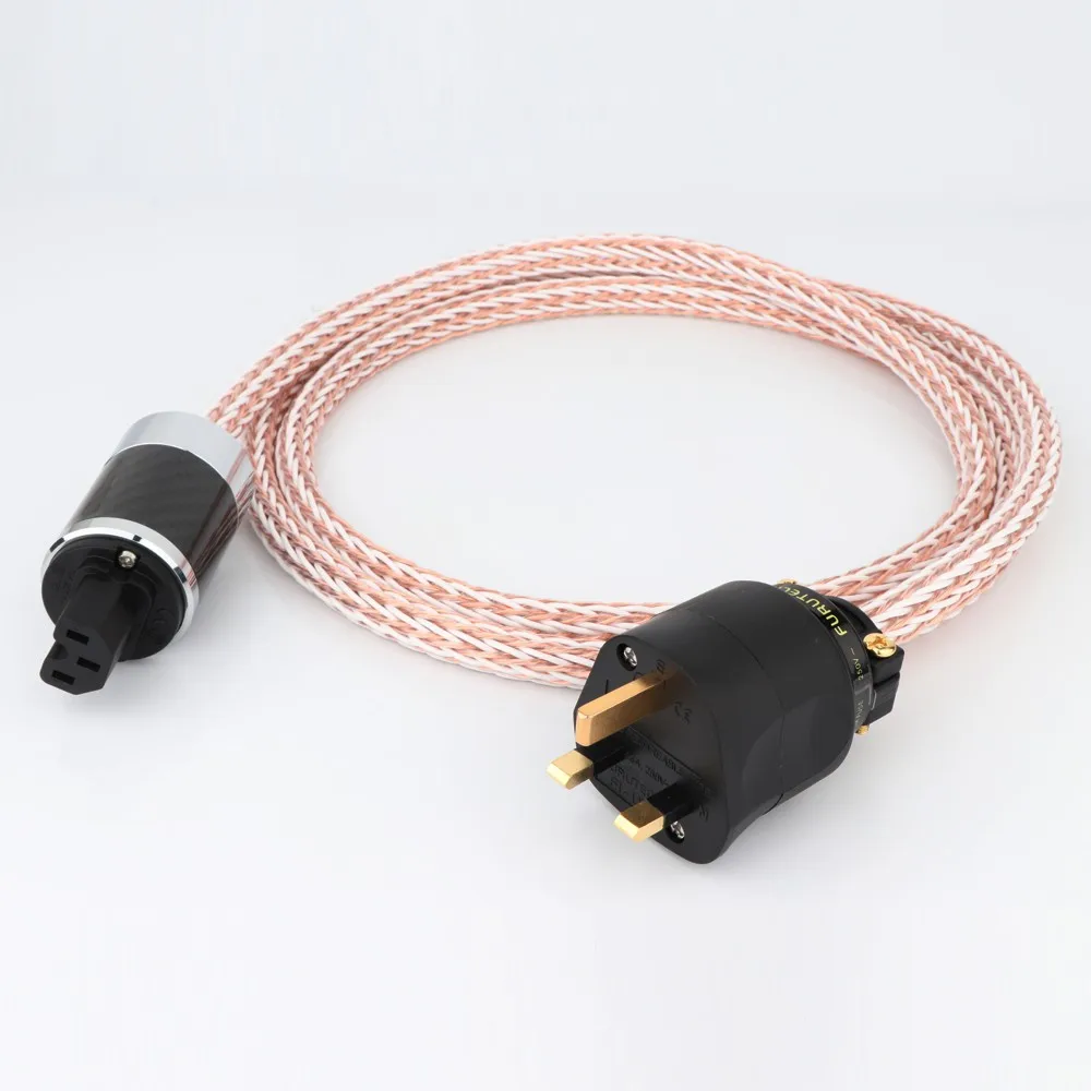 High Quality Hi-End 24 cores 6N OCC Hifi Power Cord with Gold Plated UK 13A + Carbon Fiber IEC Female ,HIFI AC Power Cable
