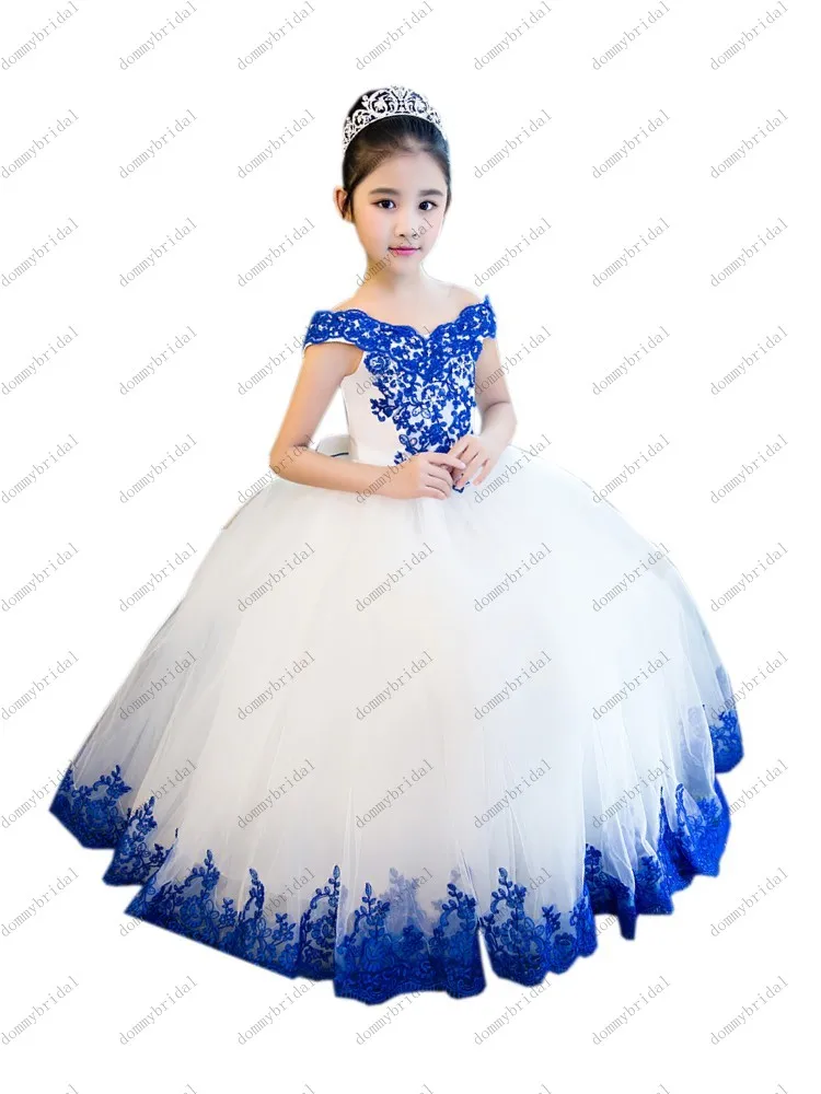 2023 elegante branco e royal azul laço vestido de baile tule fora do ombro vestidos da menina flor para festa casamento juniors com mangas