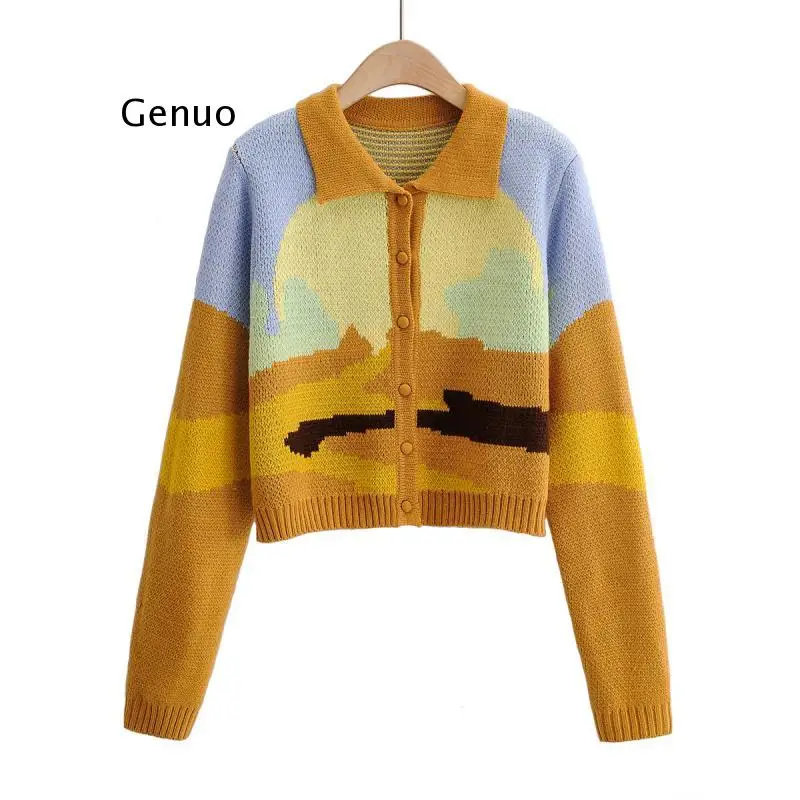 Women Cardigans 2021 New Autumn Painting Print Long Sleeve Knitted Jacket Coat Femme Winter Thick Casual Yellow Sweaters