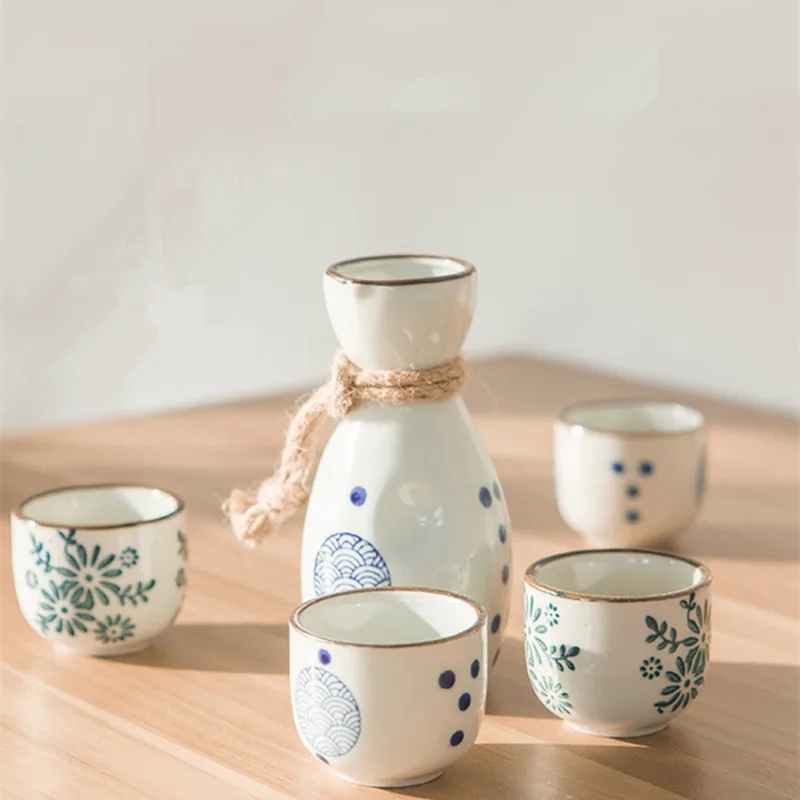 1 Set Vintage Japanese Sake 1 Pot 4 Cups Set Flagon Liquor Spirits Cups Ceramic Sake Wine Set Winebowl Small Ceramic Wine Glass