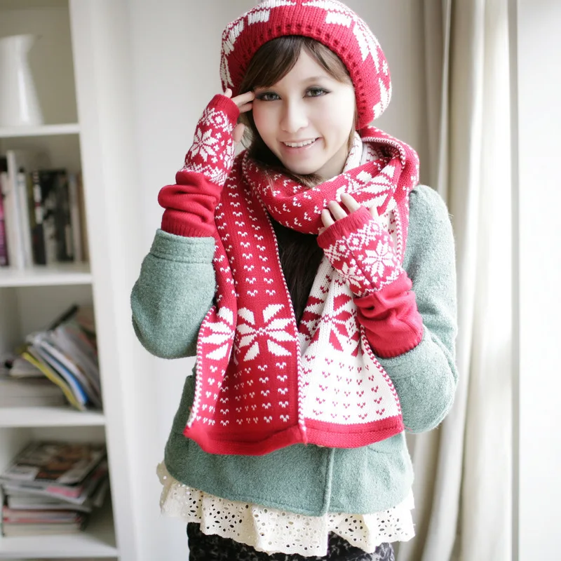 Warm Beanies Hat For Girl Ring Scarf Pompoms Winter Hats Knitted Caps Scarf Gloves 3PCS Fashion Winter Hat Scarf Set For Women