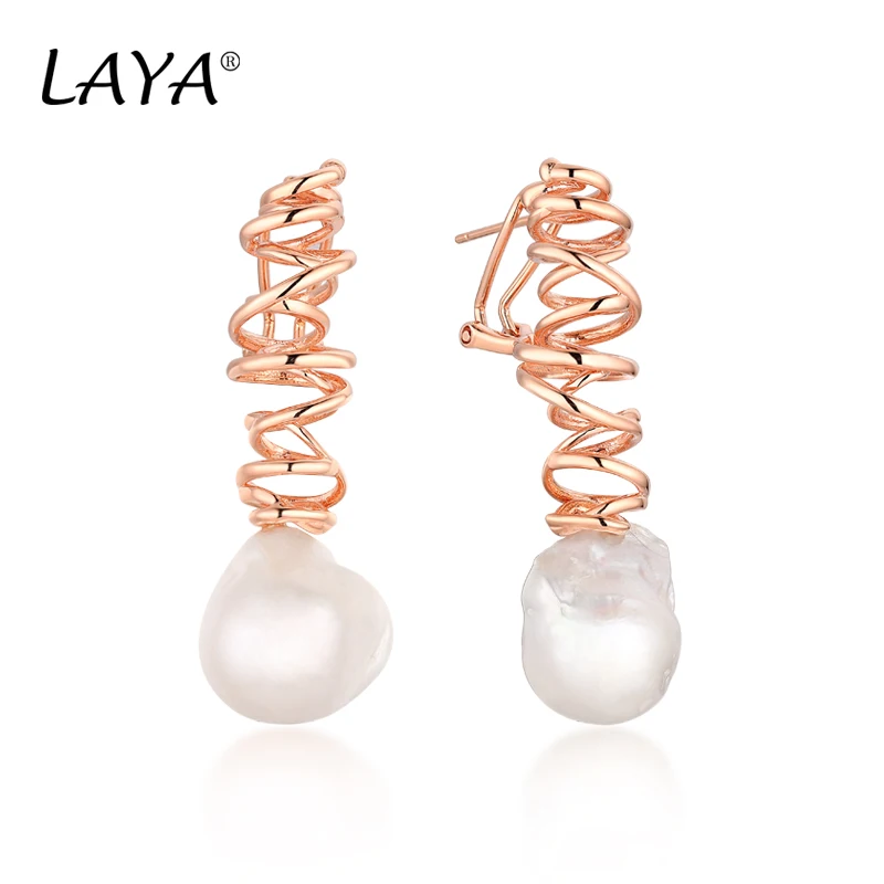 Laya 925 Sterling Silver Classic Personality Design Twist Rope Multi-Line Natural Baroque Pearl Drop Clip Earrings For Women