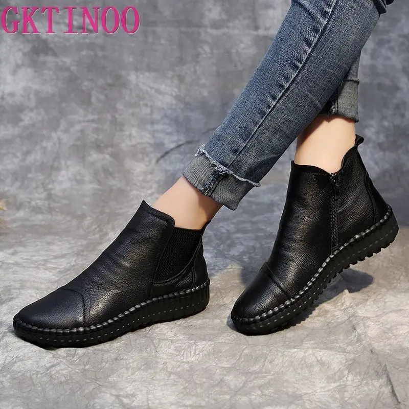 Genuine Leather Shoes Women Boots 2024 Autumn Winter Fashion Handmade Ankle Boots Warm Soft Outdoor Casual Flat Shoes Woman