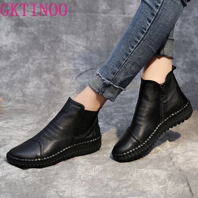 Scarpe in vera pelle stivali da donna 2024 stivaletti fatti a mano moda autunno inverno caldi morbidi scarpe basse Casual da esterno donna AliExpress