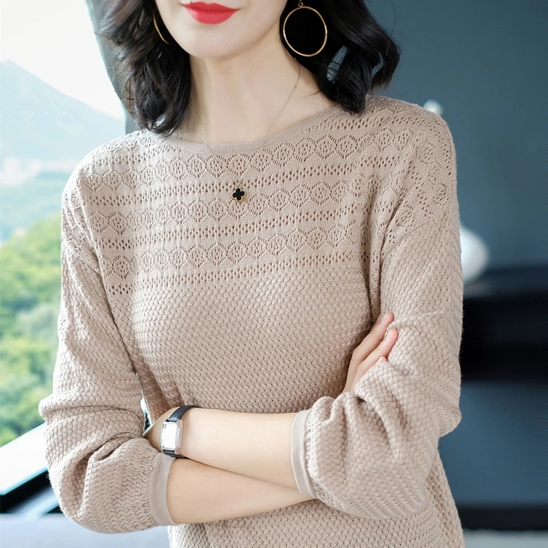 Knitting Eyelet Hollow Out O-Neck Autumn 2023 Pullover Women Long Sleeve Loose Sweater Female Winter Cotton Elegant Camel Jumper