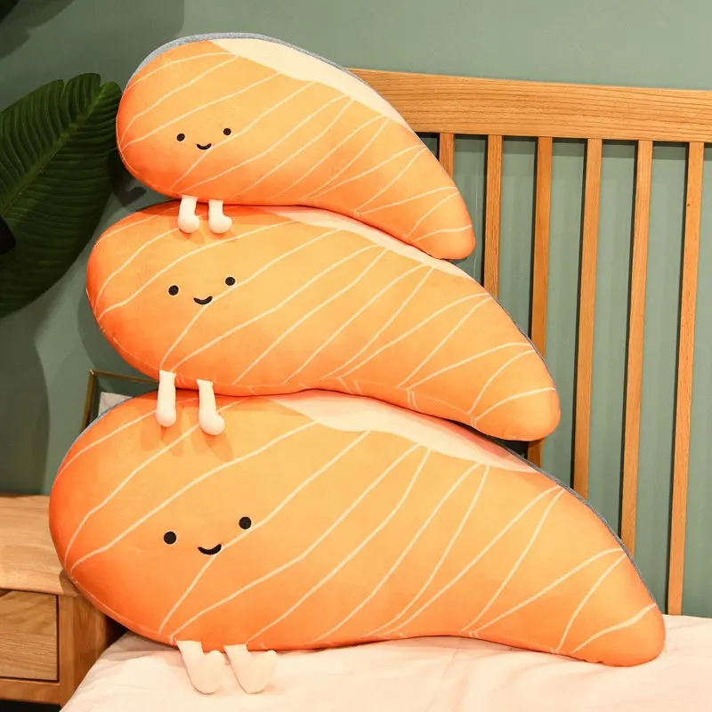 Almohada de peluche con diseño de filetes de salmón para niñas, juguete de almohada de felpa con diseño japonés, cojín de comida de dibujos animados, regalo de Navidad