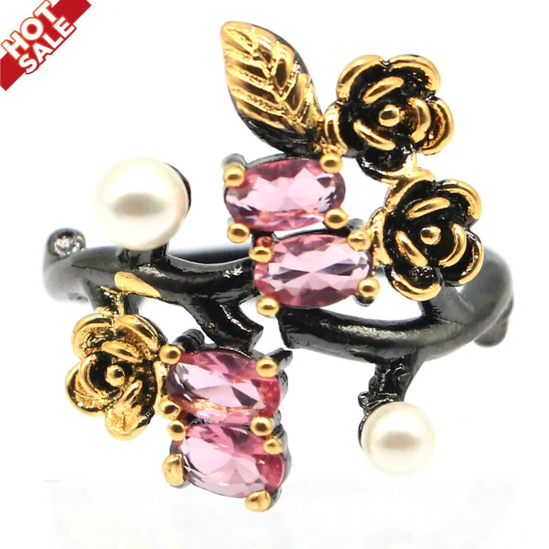 Buy 3 get 1 free 20x17mm Gothic Vintage Pink Morganite White Pearl for Girls Black Gold Dropship Silver Rings