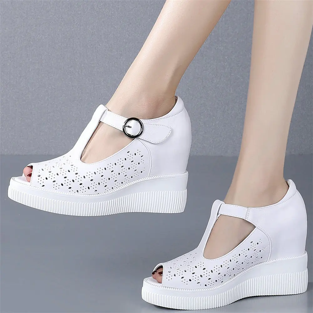 Zapatos de tacón con plataforma para mujer, cuñas de cuero genuino, sandalias de gladiador de tacón alto, zapatillas de deporte de moda con punta abierta para verano, zapatos informales