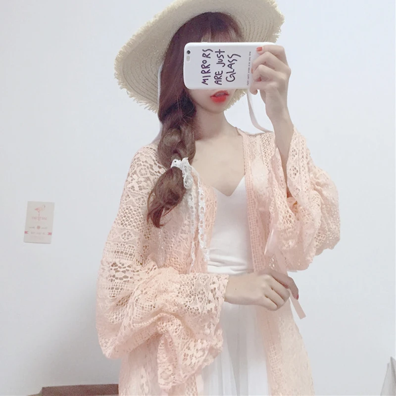 Women Cardigan Loose Lace Hollow Out Long Lantern Sleeve Summer Casual Sun-proof Outwear Girls Sweet Kawaii Korean Style Ulzzang